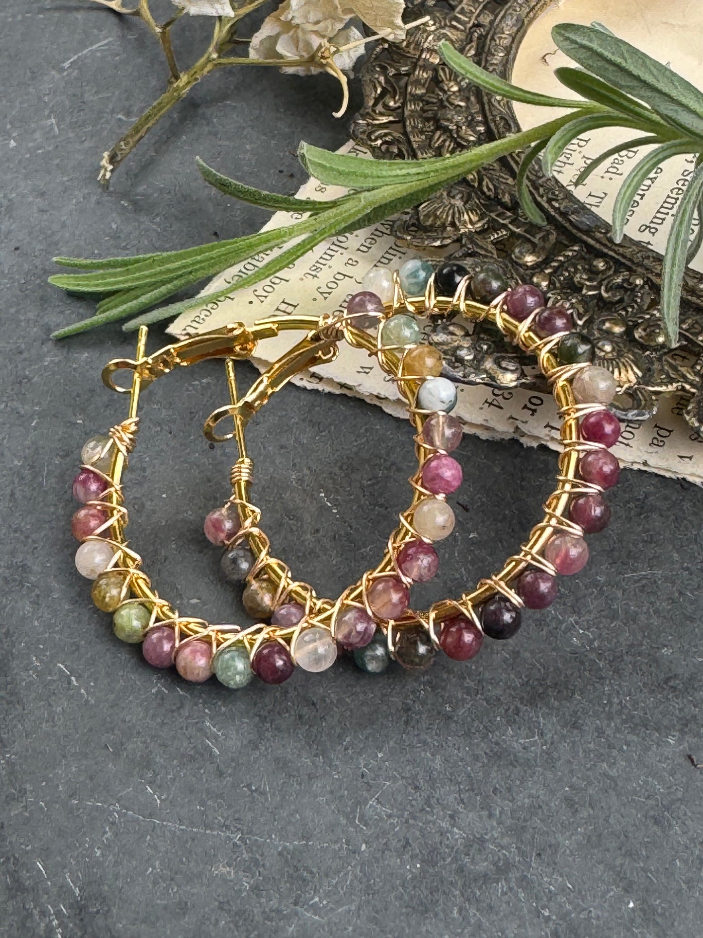 Watermelon tourmaline, wire wrapped gold hoop earrings, jewelry