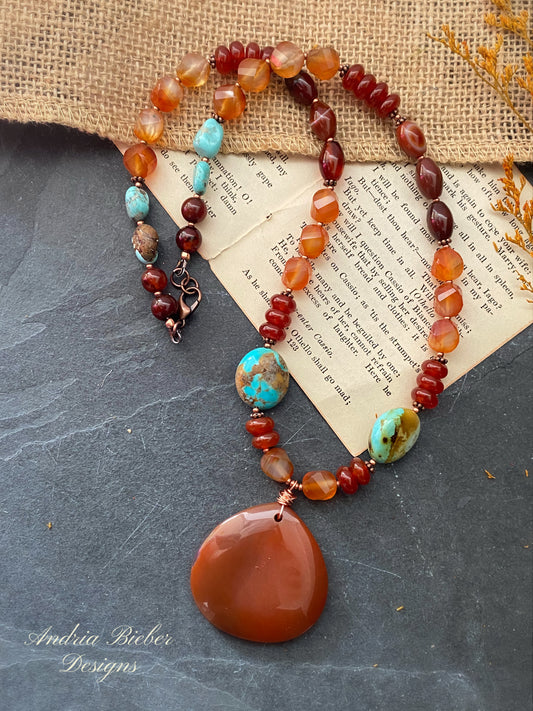 Turquoise stone, carnelian agate stone, copper metal, necklace, jewelry