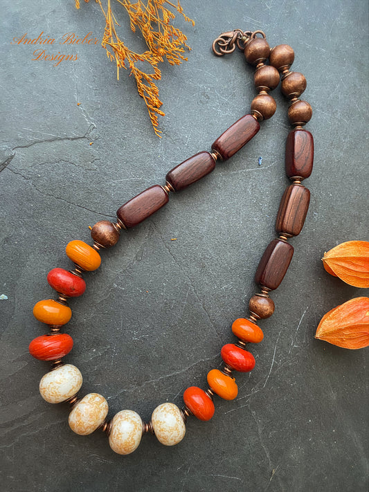 Orange enamel beads, cream ceramic beads, wood, copper metal, necklace, jewelry
