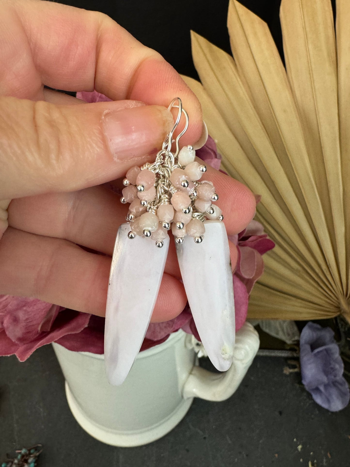 Pink opal stone, silver metal, earrings