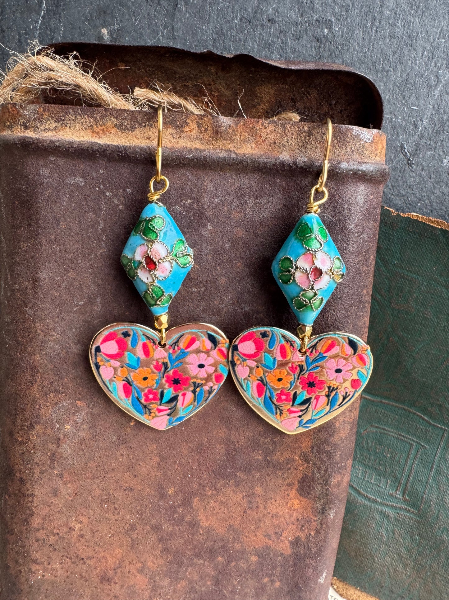 Enamel floral charm and floral cloisonné bead, lightweight earrings