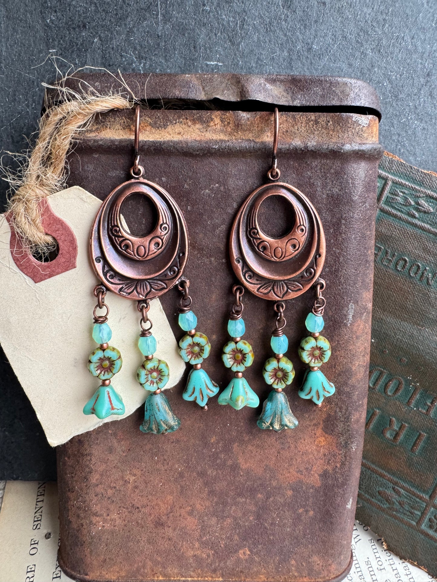 Floral copper detailed charms, Czech glass, copper earrings