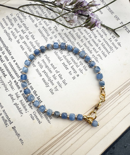 Kyanite faceted cube stone, gold metal, bracelet
