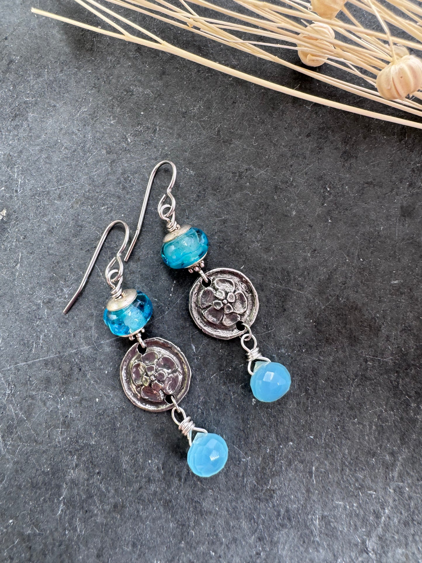 Handmade lampwork glass, blue chalcedony, silver pewter flower charm, earrings