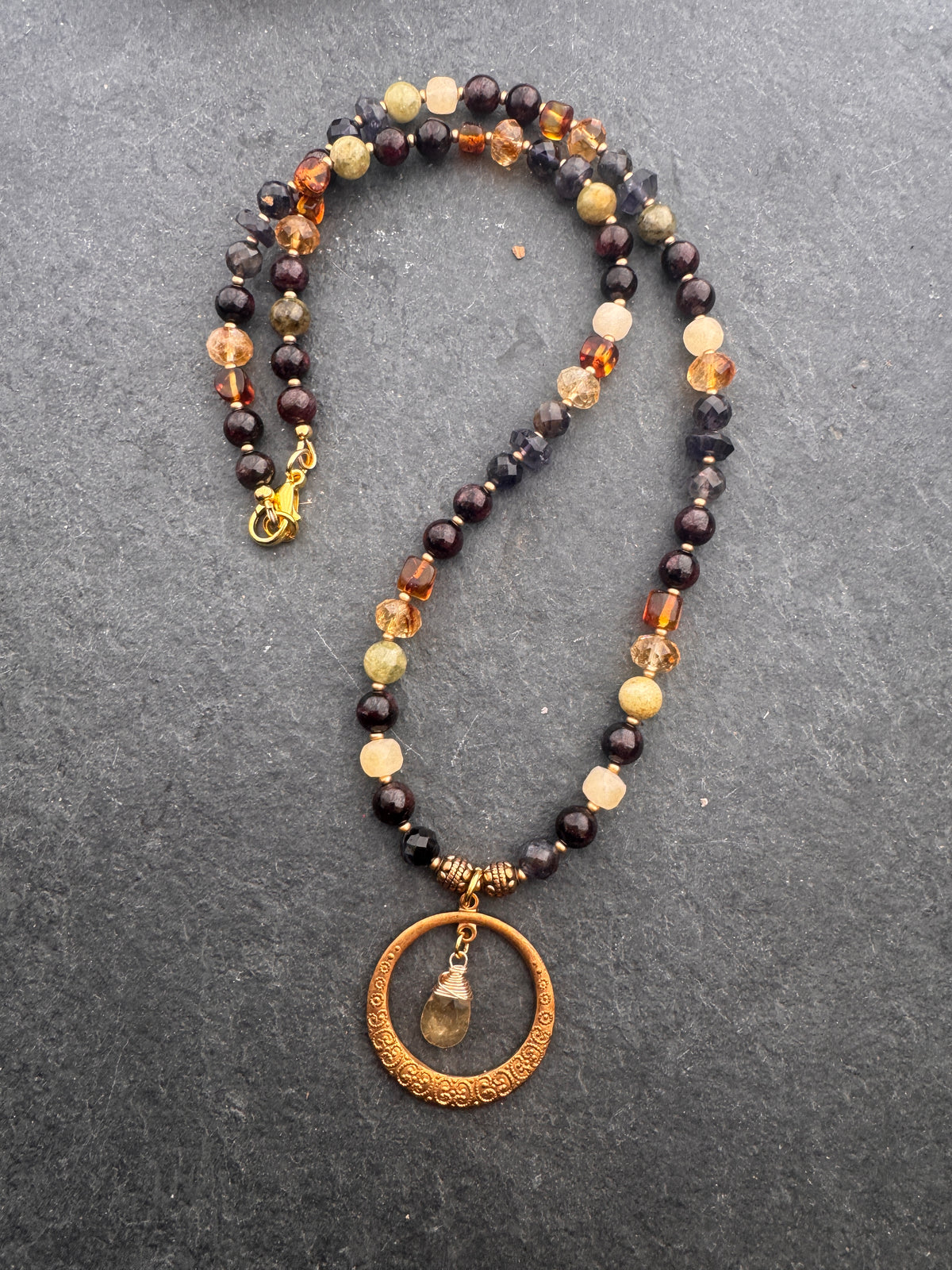 Garnet, green garnet, ioilite, citrine, amber, brass metal, necklace. Fall jewelry.