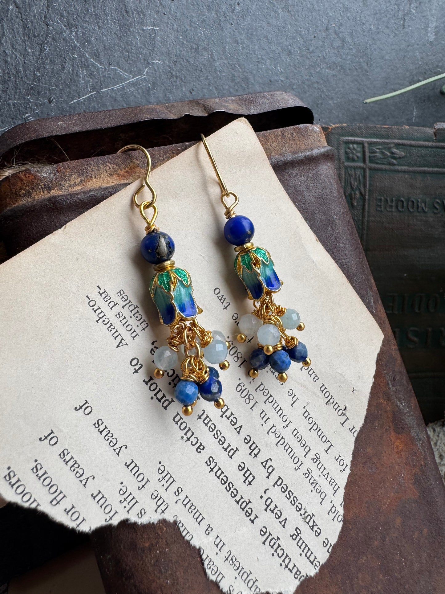 Gold flower charms, aquamarine, lapis stone, Cloisonné beads, earrings