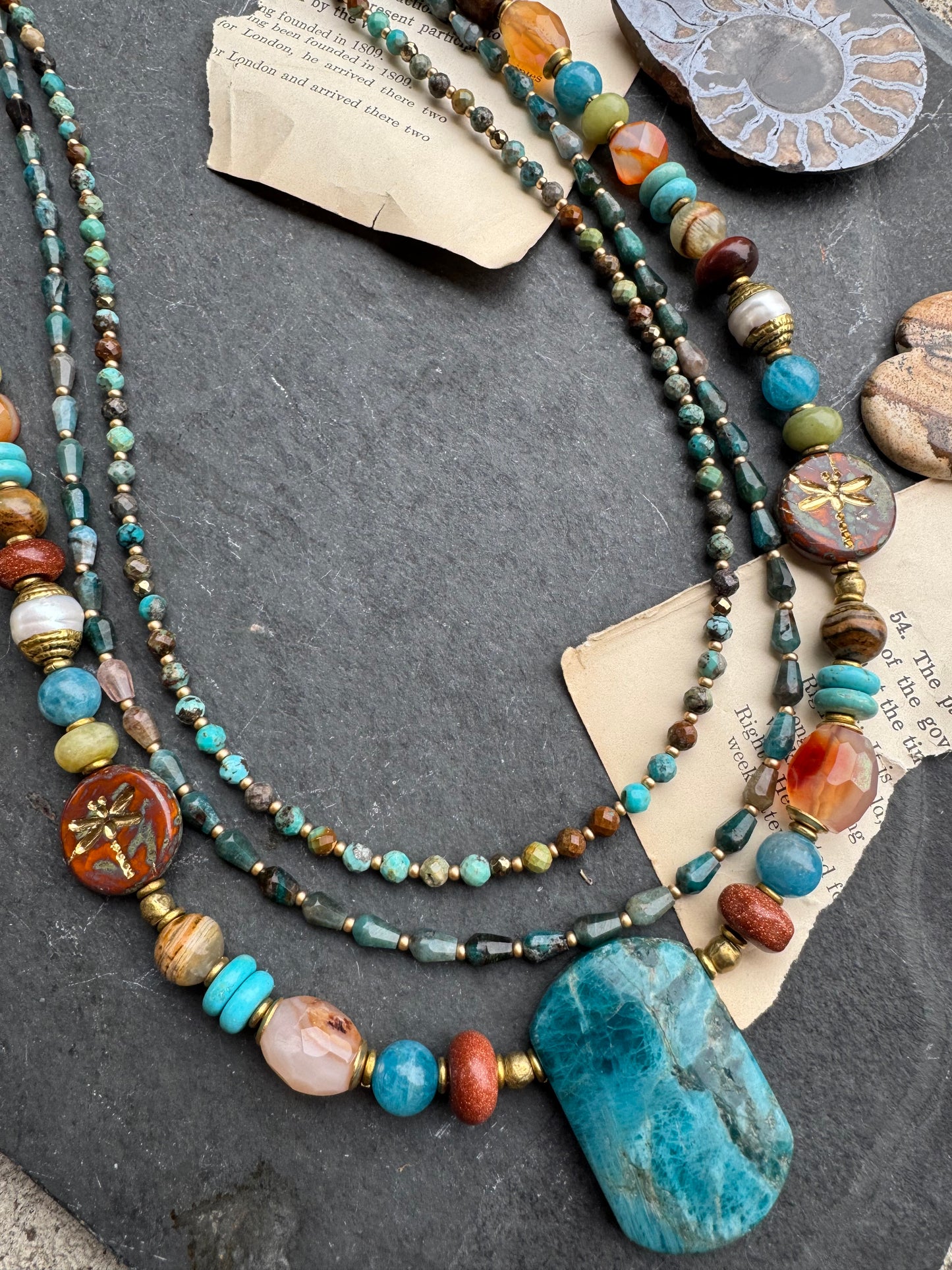 Apatite, Carnelian agate, Sunstone, turquoise, olivine, Aquatine Lemurian Blue Calcite, Czech glass, pearls, hematite, wood, African brass, necklace, jewelry