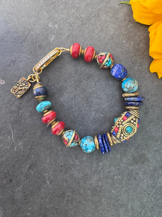 Nepal beads, coral, turquoise, lapis lazuli, jasper, bracelet.