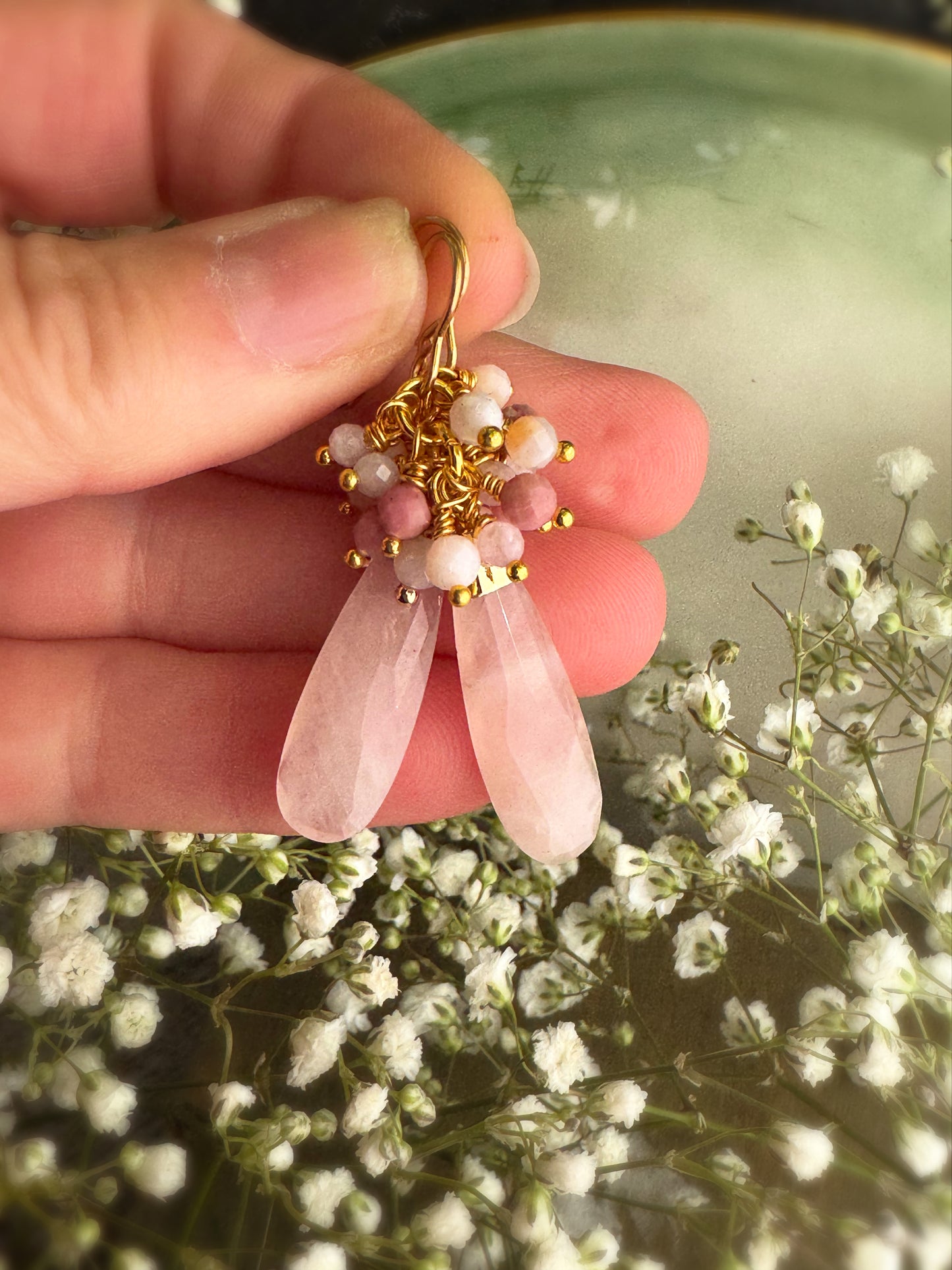 Rose quartz drops, pink Opal , gold metal, earrings