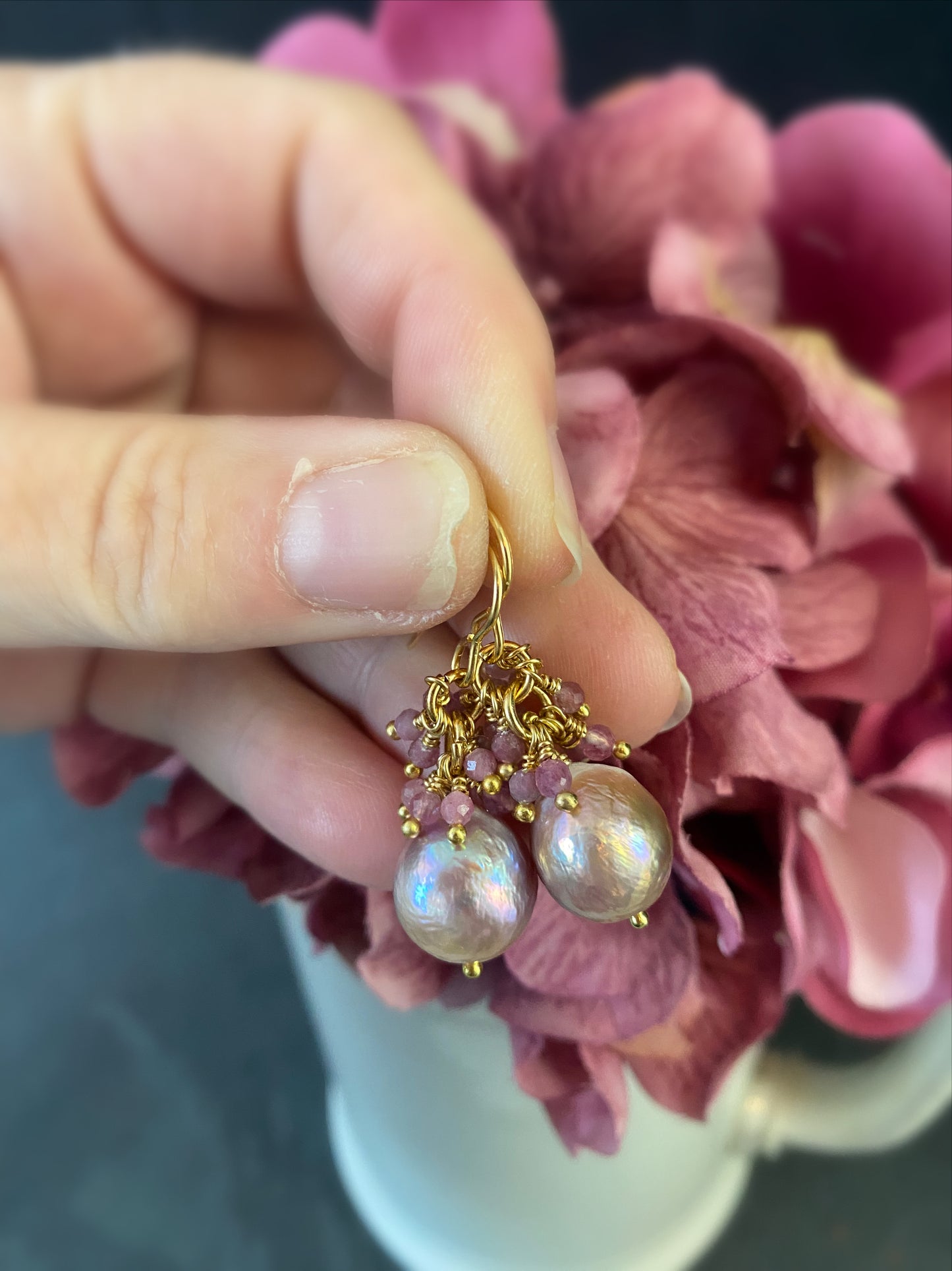 Pink baroque pearls and pink tourmaline stone earrings. MTO.