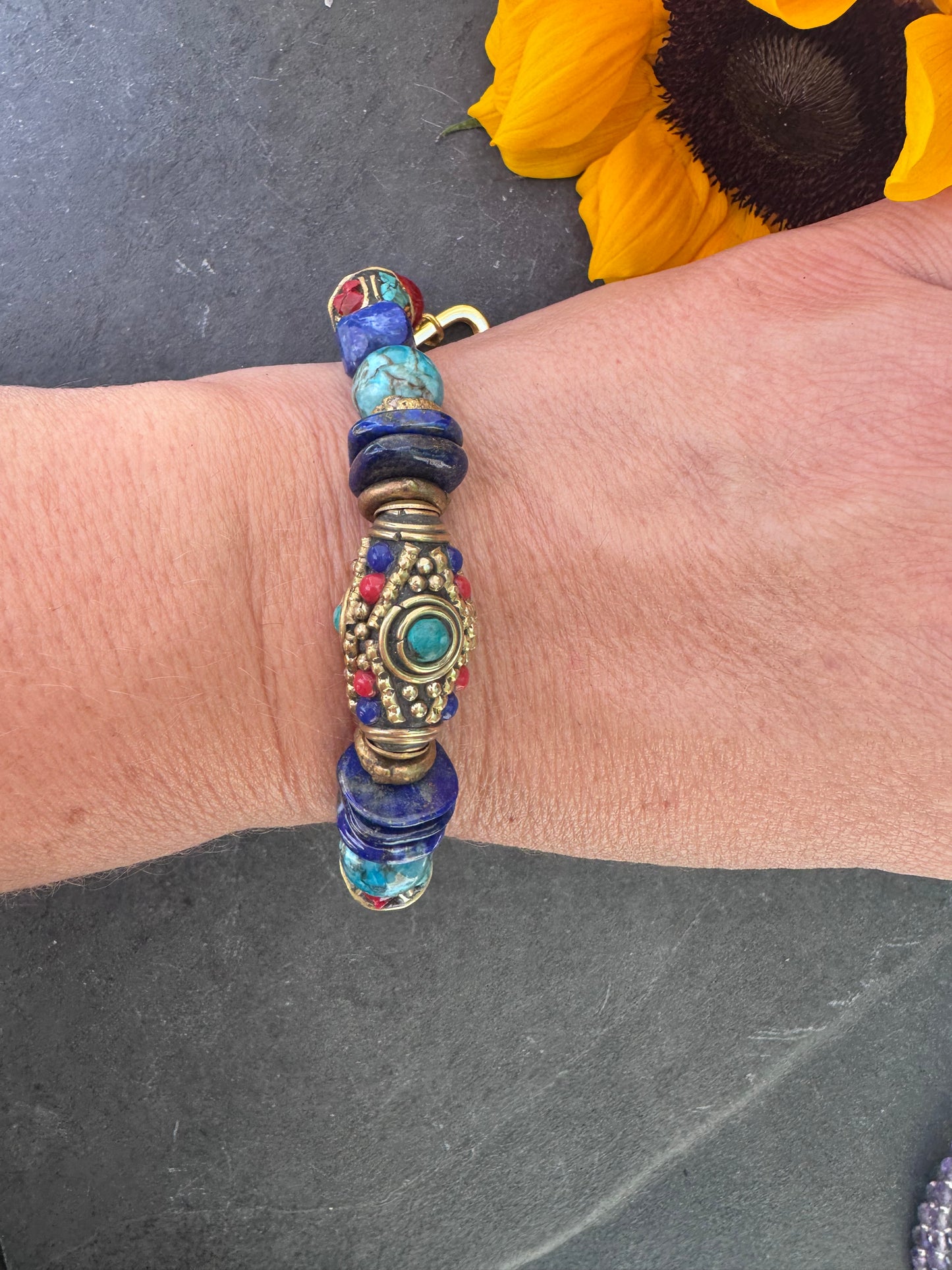 Nepal beads, coral, turquoise, lapis lazuli, jasper, bracelet.