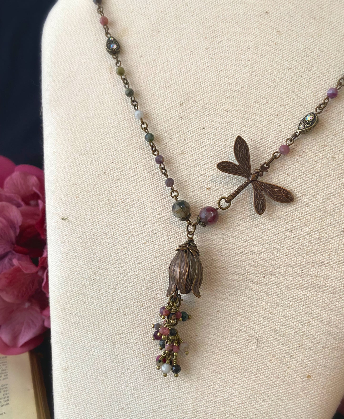 Watermelon tourmaline gemstone, dragonfly, flower, necklace, jewelry