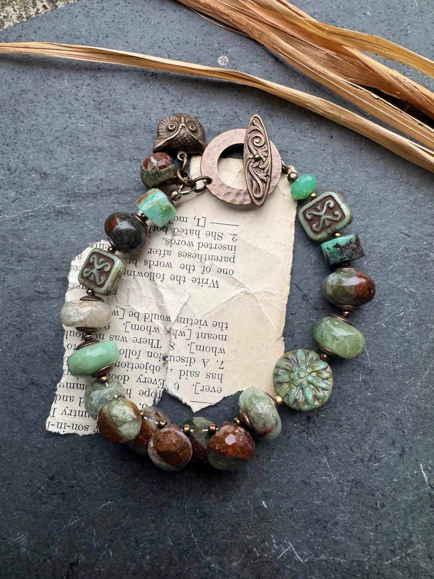 Chrysoprase stone, Czech glass, bracelet