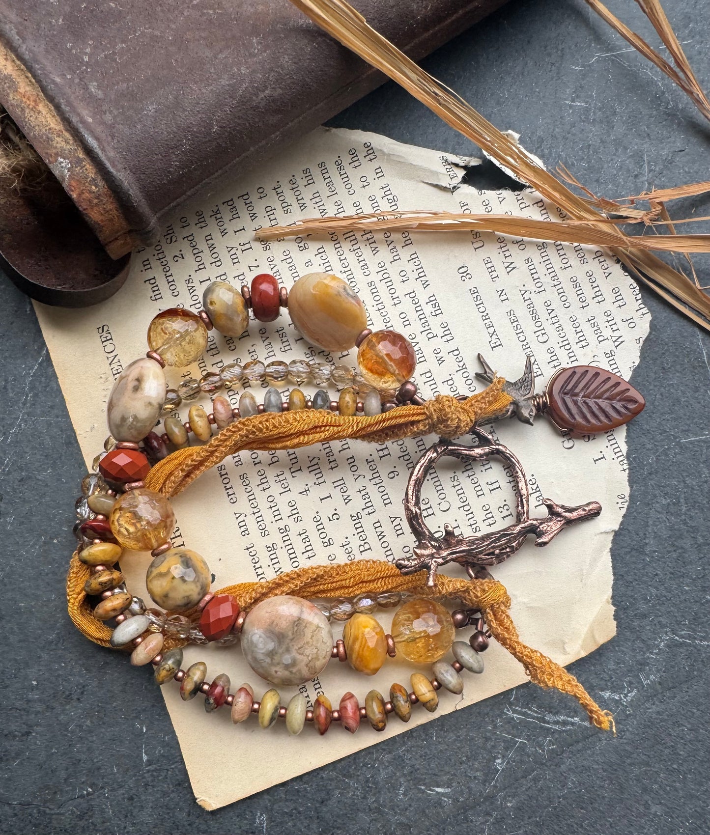 Red Jasper, crazy lace agate, citrine, silk ribbon, copper, crystal, bracelet.
