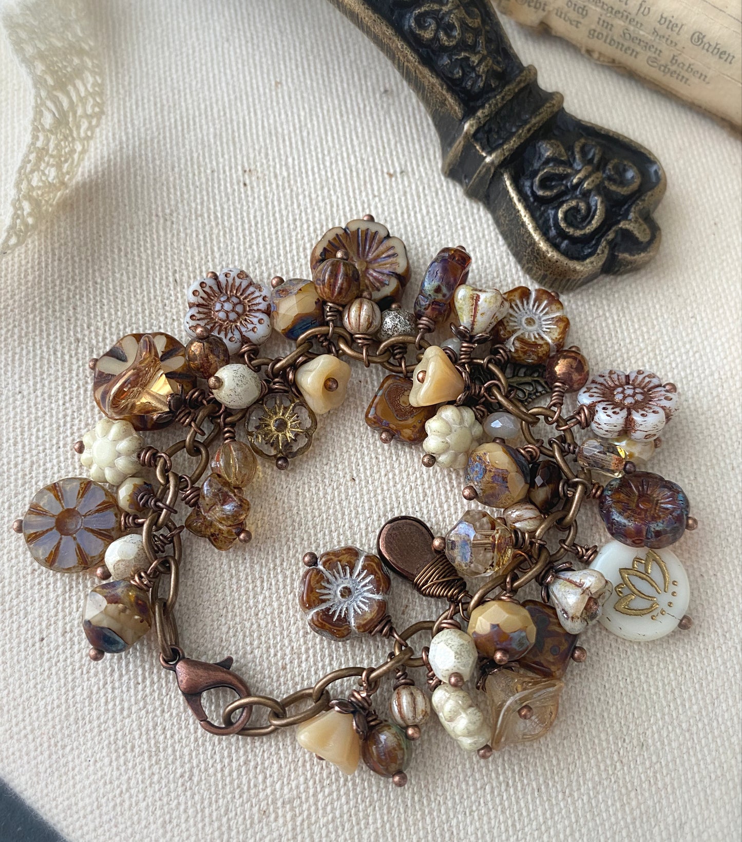 MTO. Brown and cream petals. Mixed gemstone, Czech glass, bronze metal bracelet. - Andria Bieber Designs