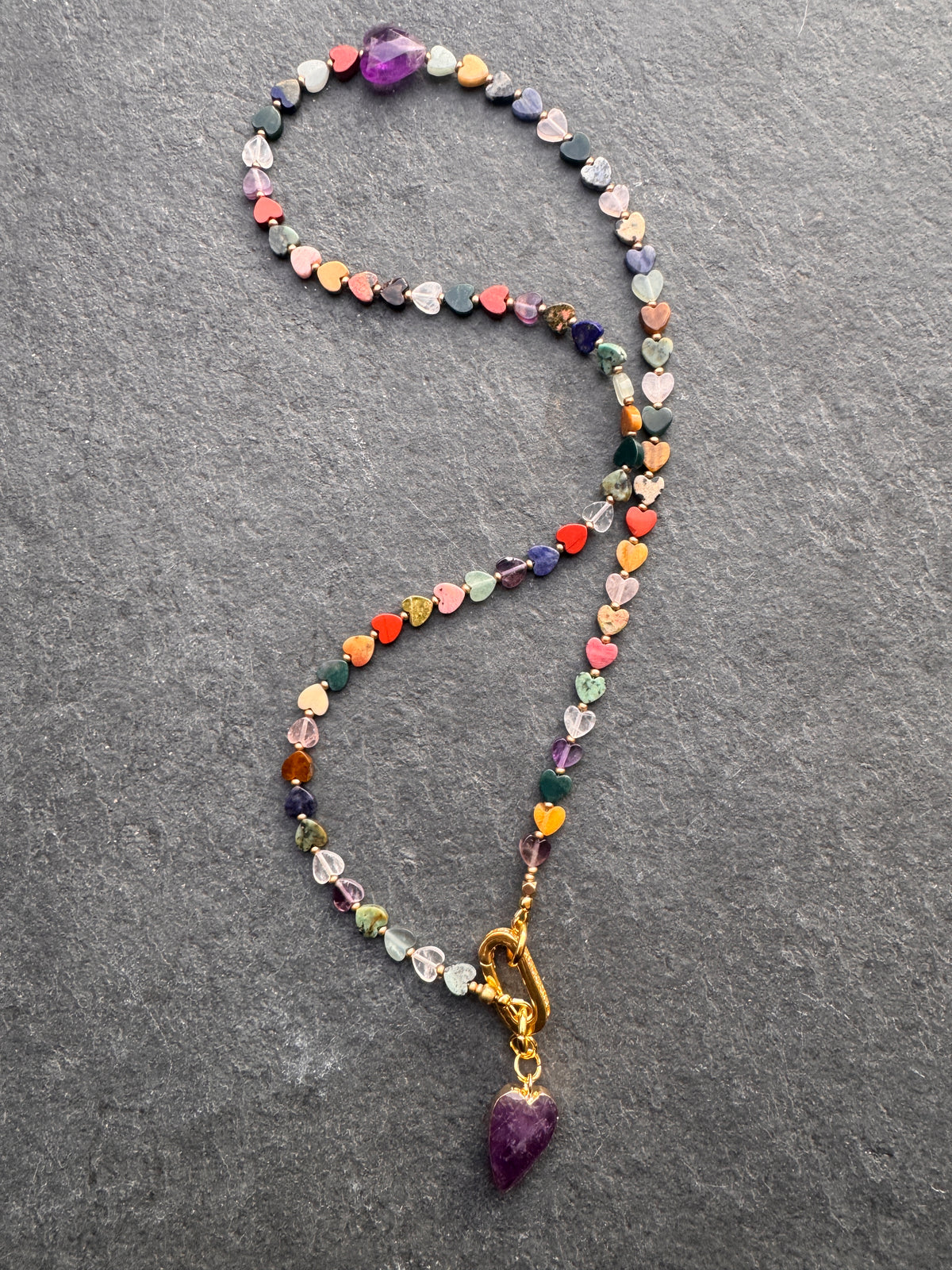 Mixed gemstone hearts, amethyst stone pendant, rhinestone clasp, necklace