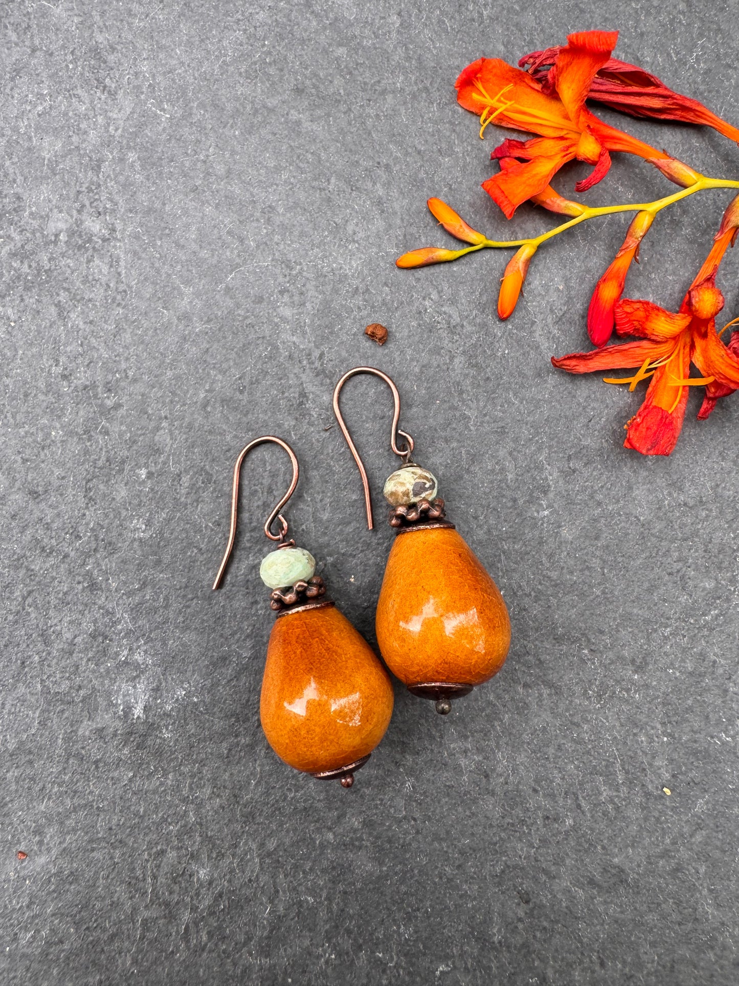 Ceramic yellow beads, turquoise stone and copper metal, earrings