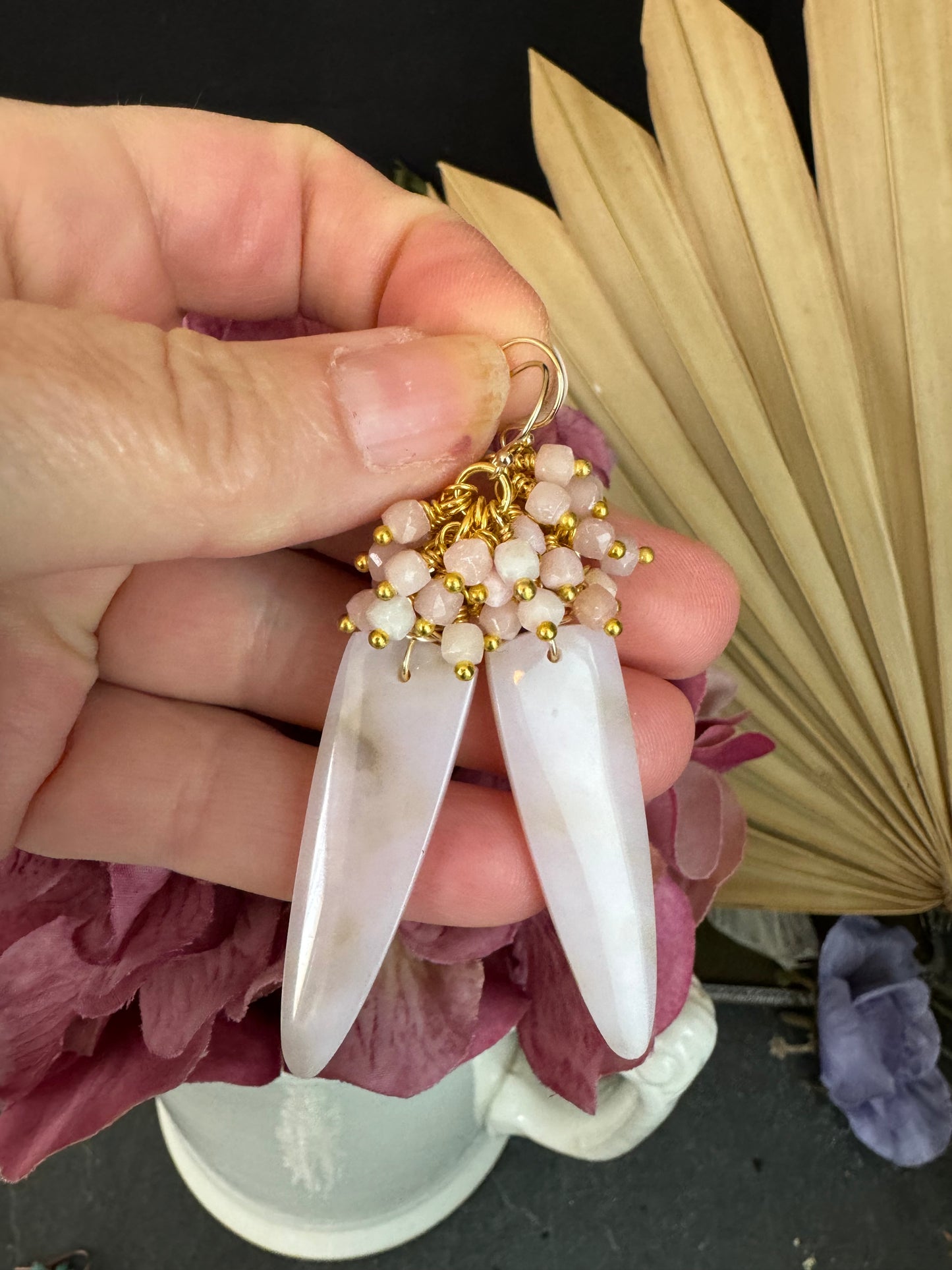 Pink opal stone, 10k gold metal, earrings