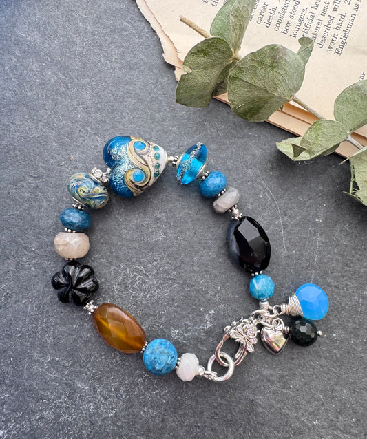 Apatite, handmade lampwork glass, agate, silver metal, bracelet