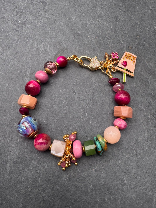 Handmade lampwork, pink tiger eye, peach moonstone, pink moonstone, turquoise, jade, pink opal, Rhinestone heart clasp. Cofee heart charm.