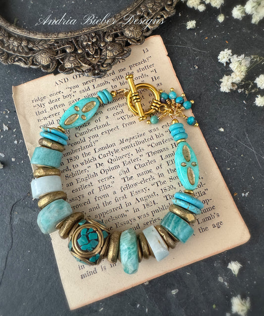 Amazonite stone, turquoise, african brass, bracelet.
