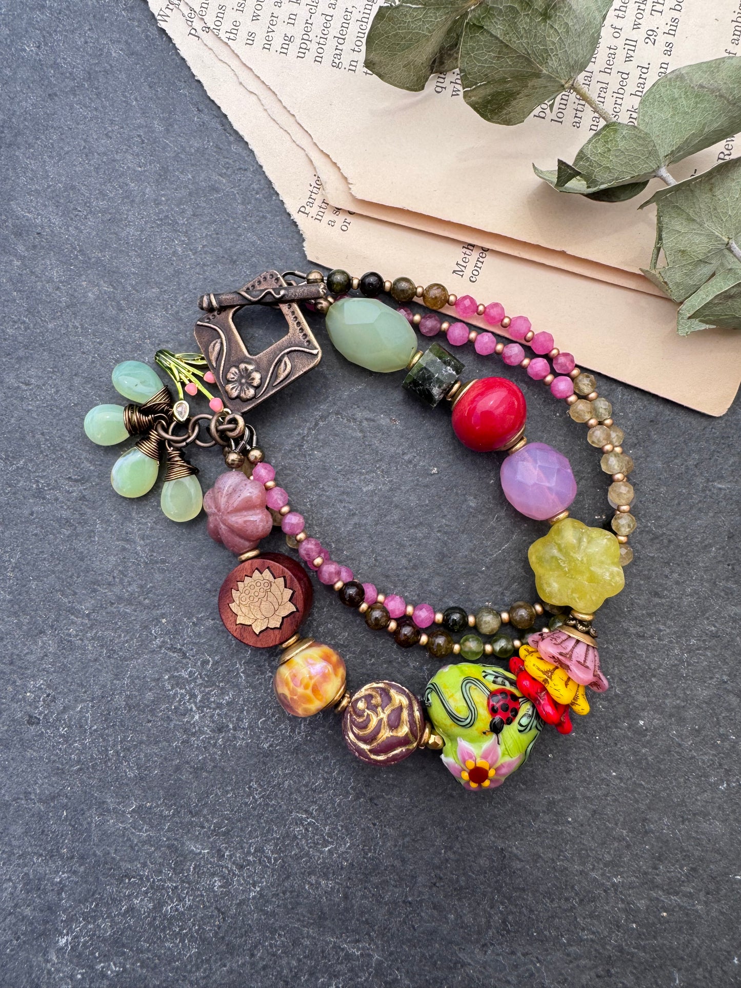 Lampwork glass,mixed stone, tourmaline, Czech glass, wood, bracelet.