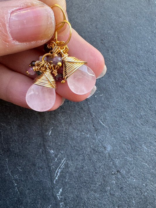 rose quartz, watermelon tourmaline, gold metal, earrings