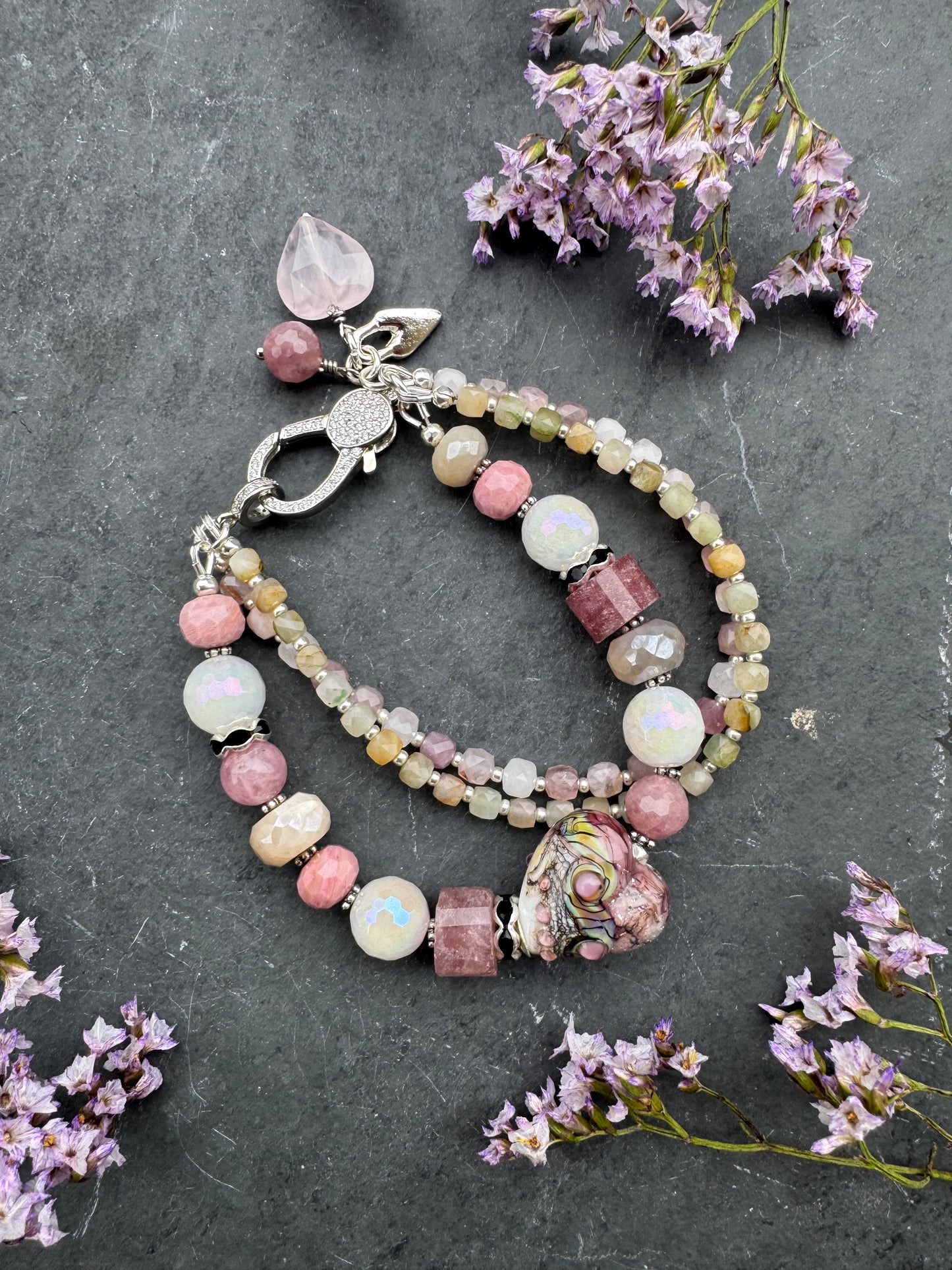 Heart handmade lampwork glass, moonstone, strawberry, quartz, rhodochrosite, green jade, rose quartz, rhinestone clasp