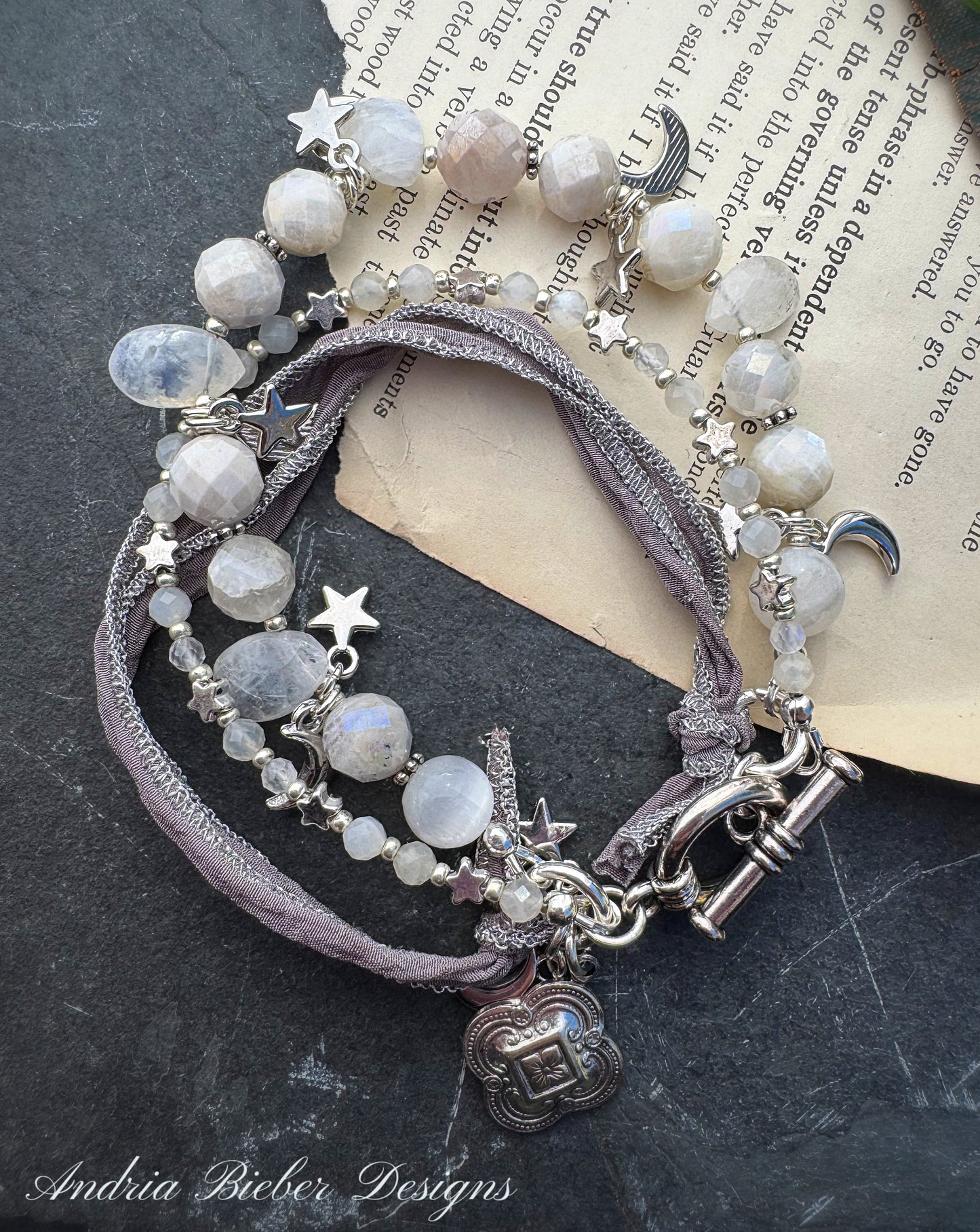 moonstone, silk ribbon, selenite stone, and silver metal, bracelet