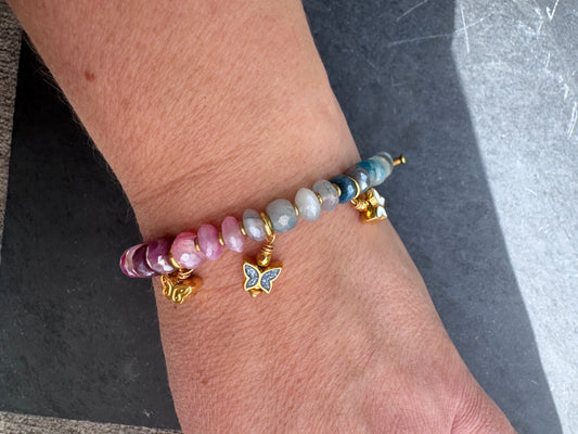 Charm, blue and pink moonstone bracelet. gold metal bracelet.