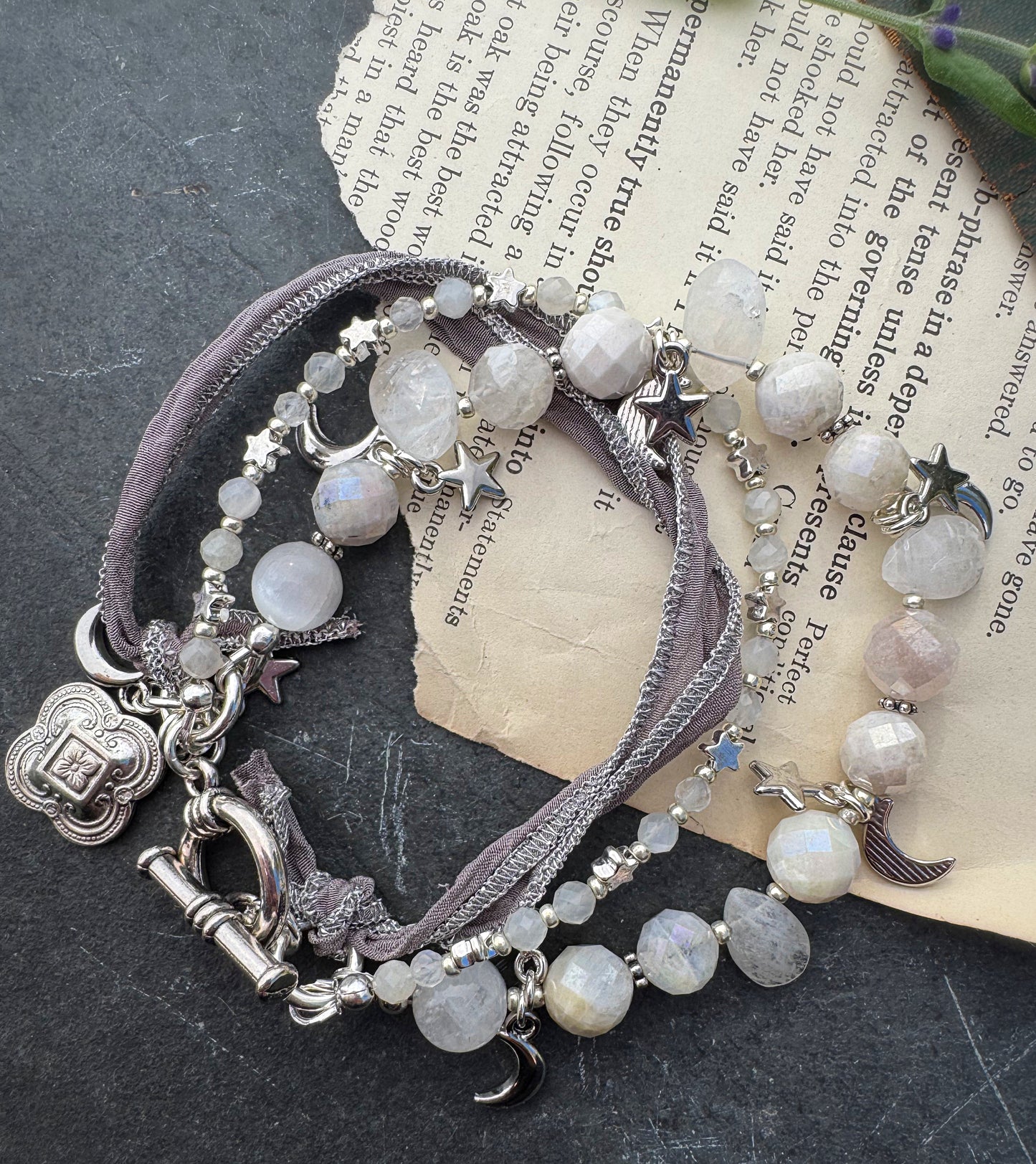 moonstone, silk ribbon, selenite stone, and silver metal, bracelet