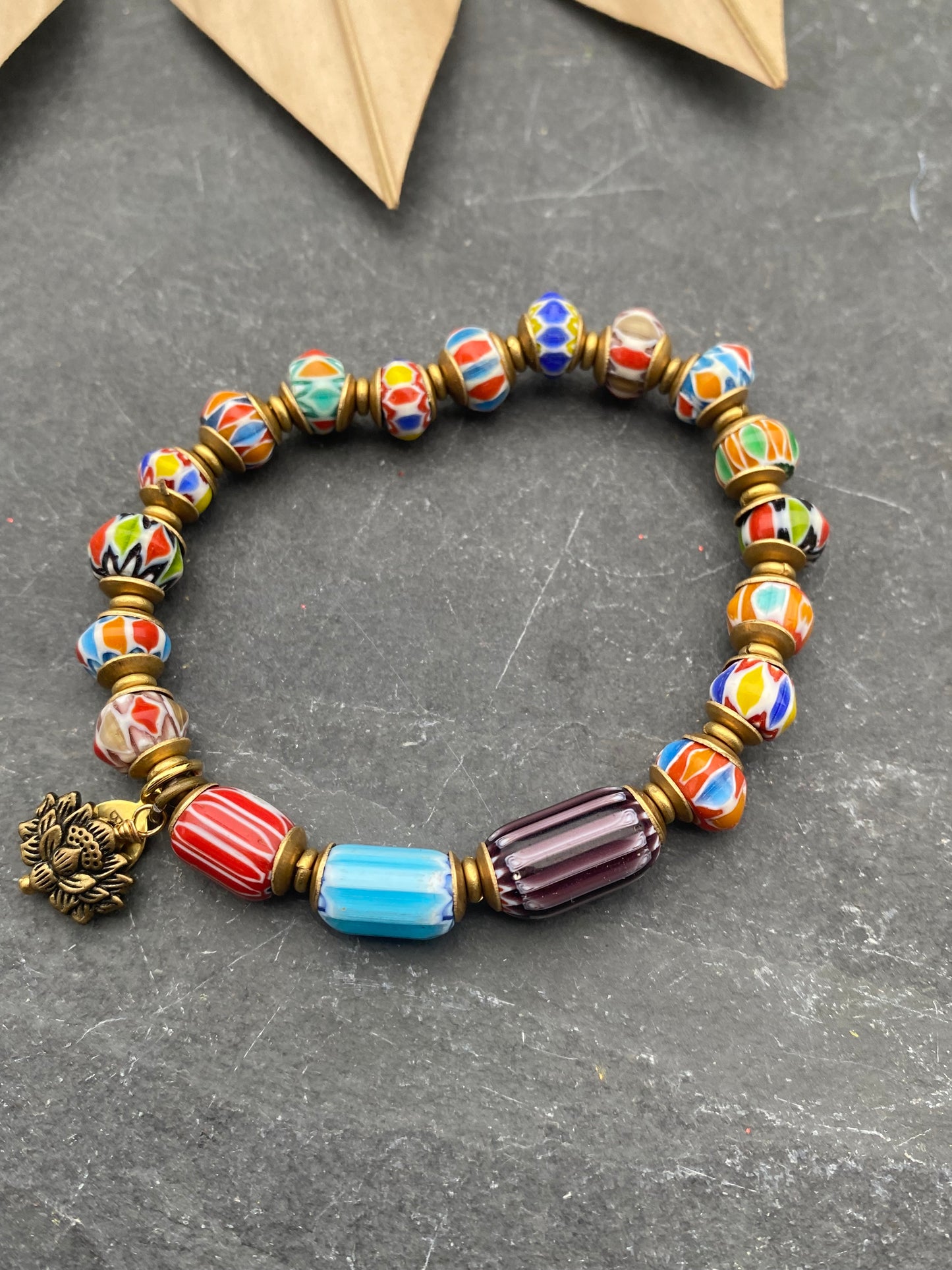 Indonesian glass, African brass, elastic cording, bracelet, jewelry