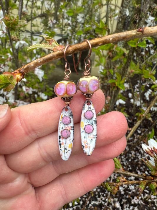 Enamel charm in glass and copper metal, lampwork glass, earrings