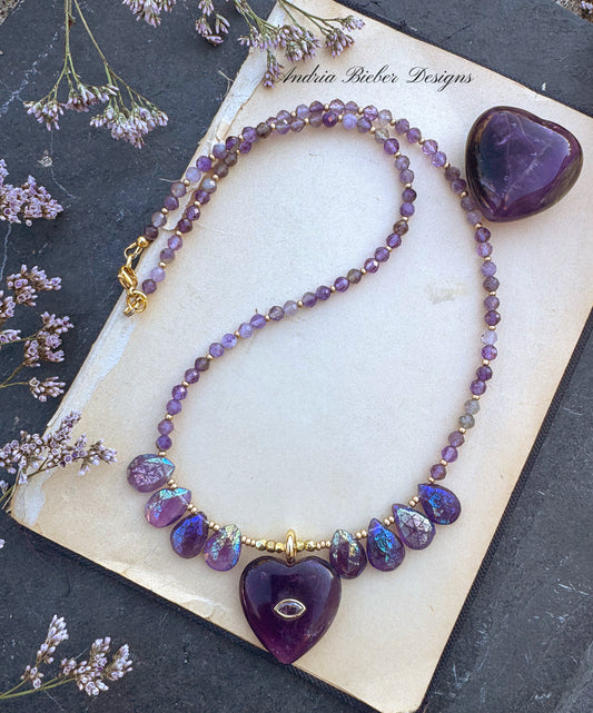Amethyst faceted stone, mystic amethyst, amethyst heart pendant, gold metal, necklace