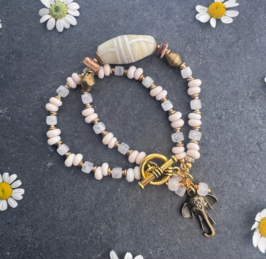 Moonstone,Java glass, African brass, bracelet