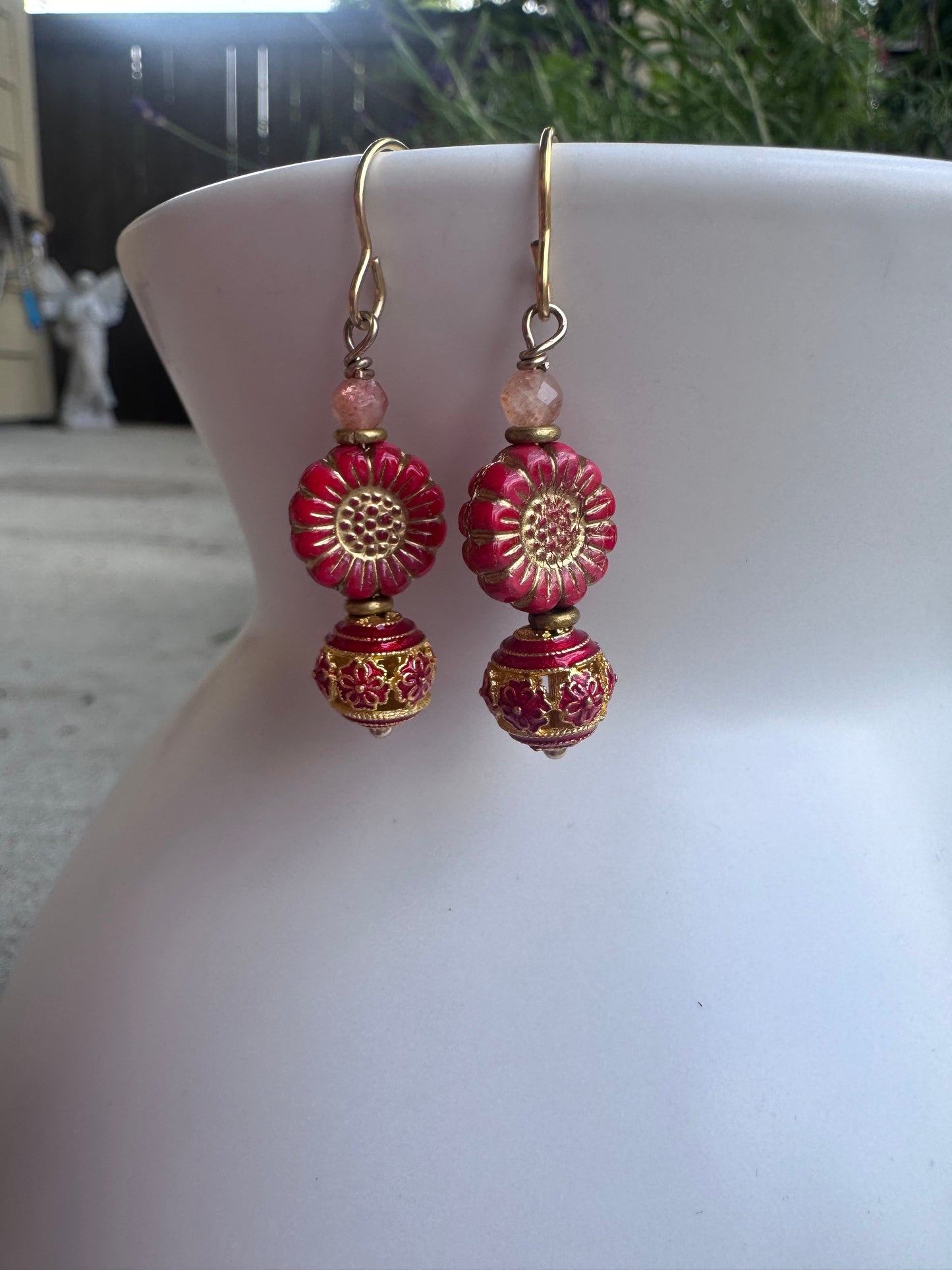 Red and gold, cloisonné, Czech glass, brass metal, earrings