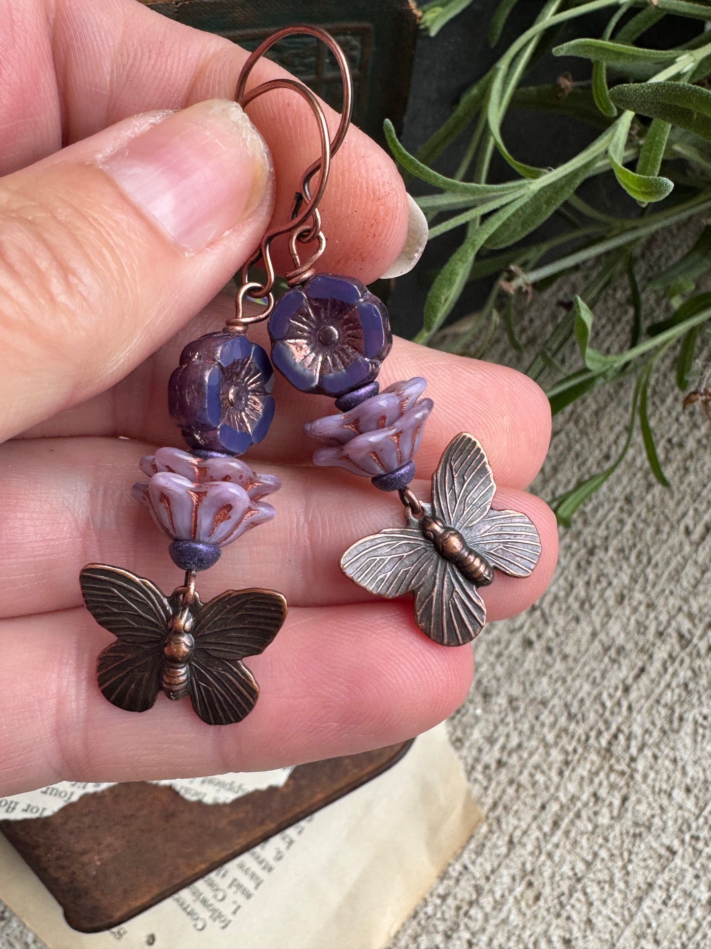 Butterfly copper detailed charms,Czech glass, copper earrings
