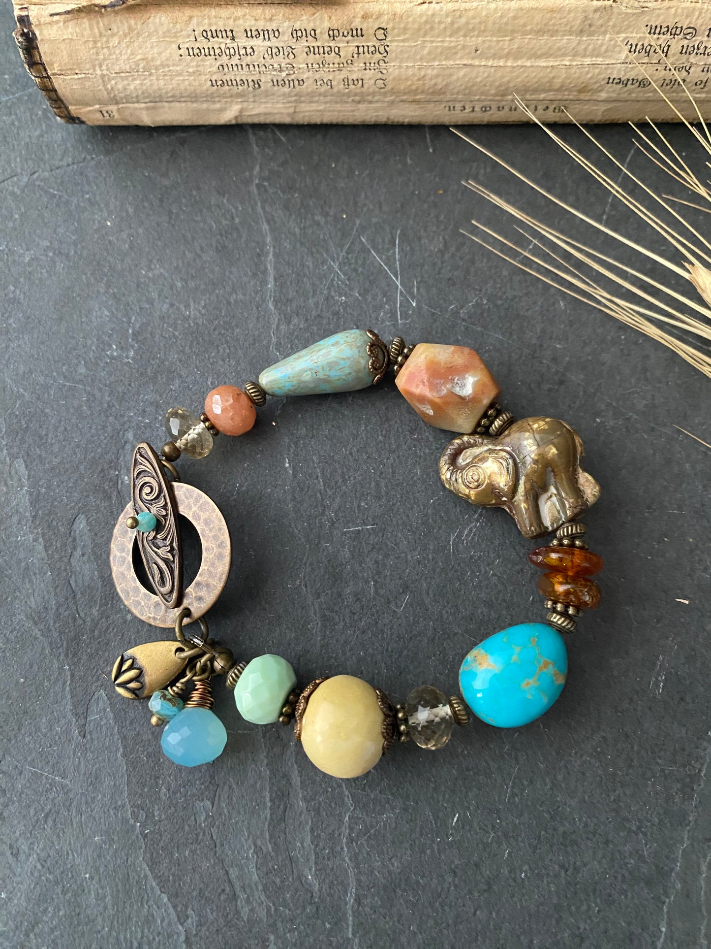 Turquoise, amber, citrine, ceramic, elephant czech glass, bronze metal, bracelet, jewelry