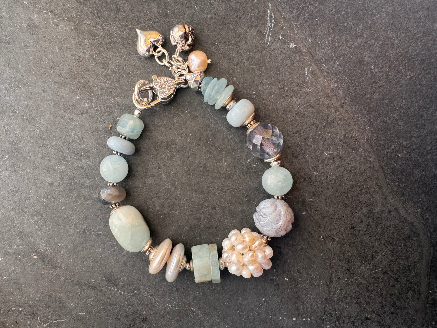 Aquamarine, blue opal, labradorite, pearls, czech glass, silver metal, bracelet