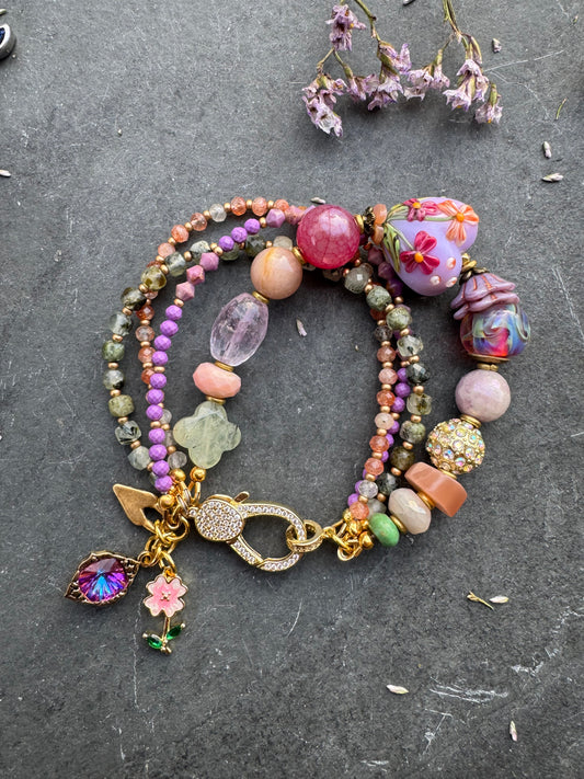 Flower garden. Mixed gemstone, lampwork glass, rhinestone clasp.