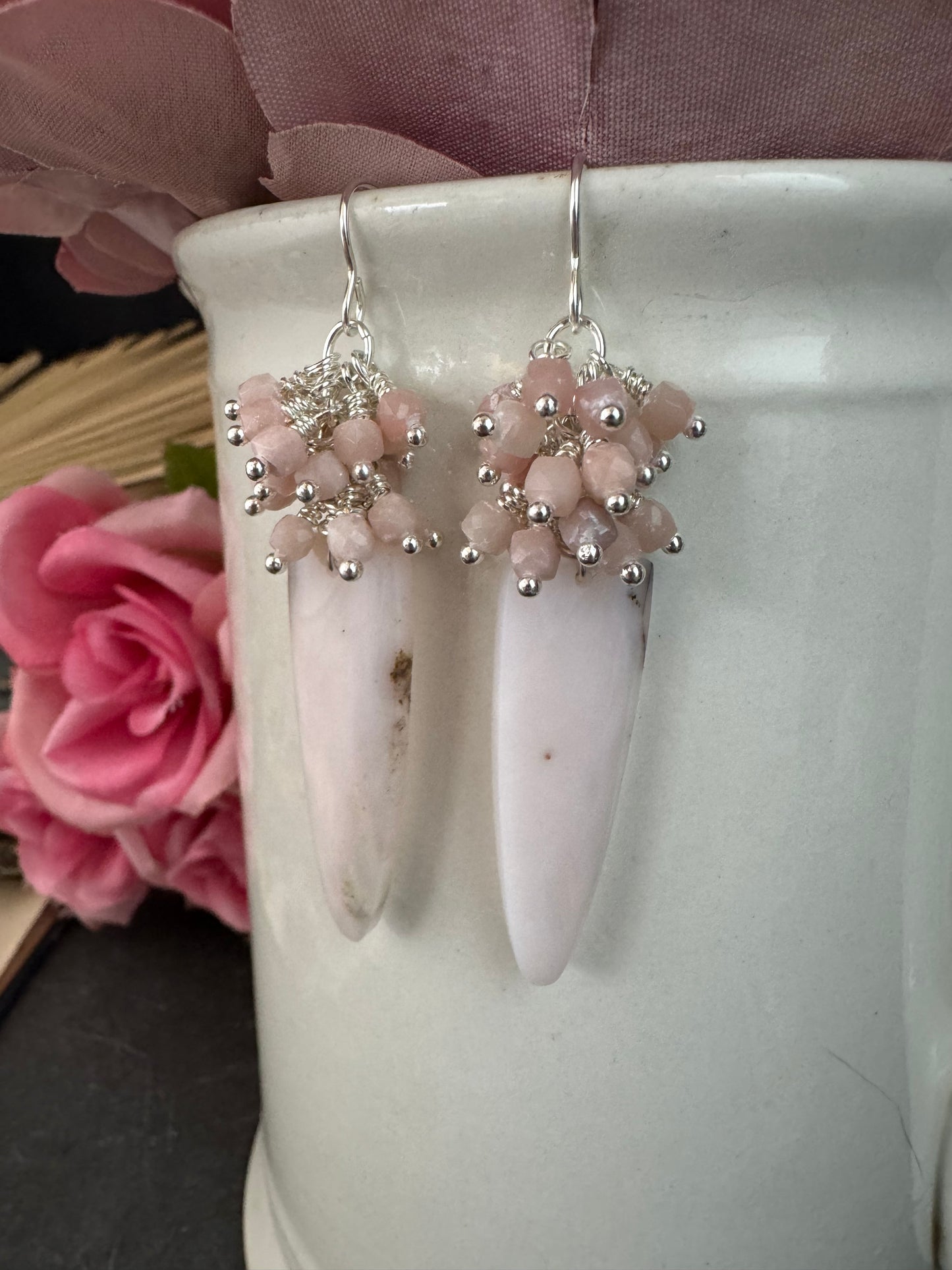 Pink opal stone, silver metal, earrings
