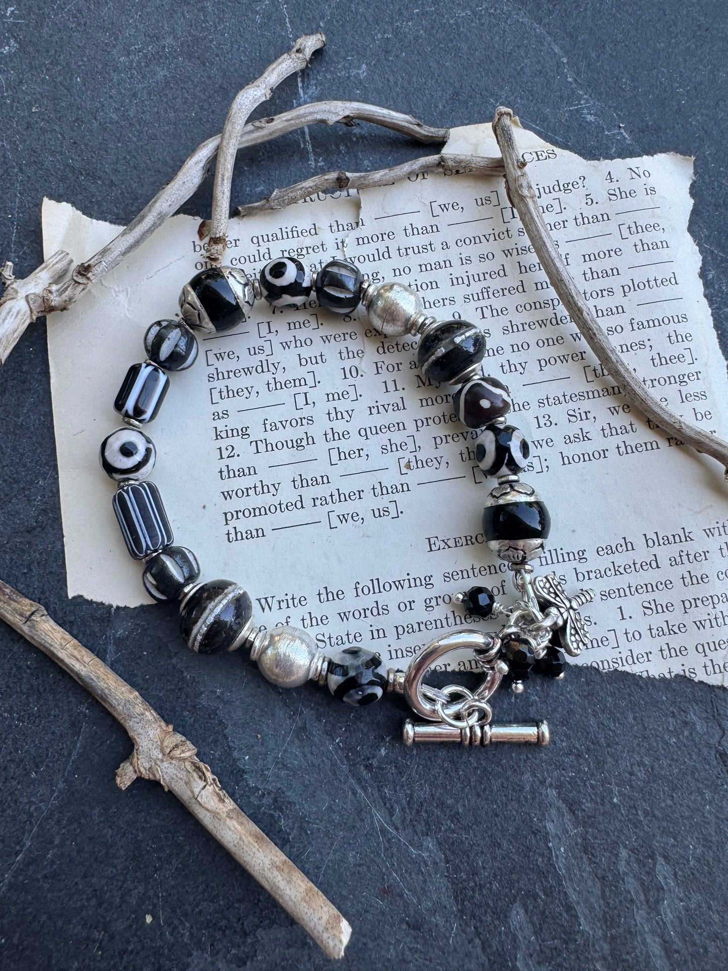 Black and white stone, African beads, wood, and silver metal, bracelet, jewelry