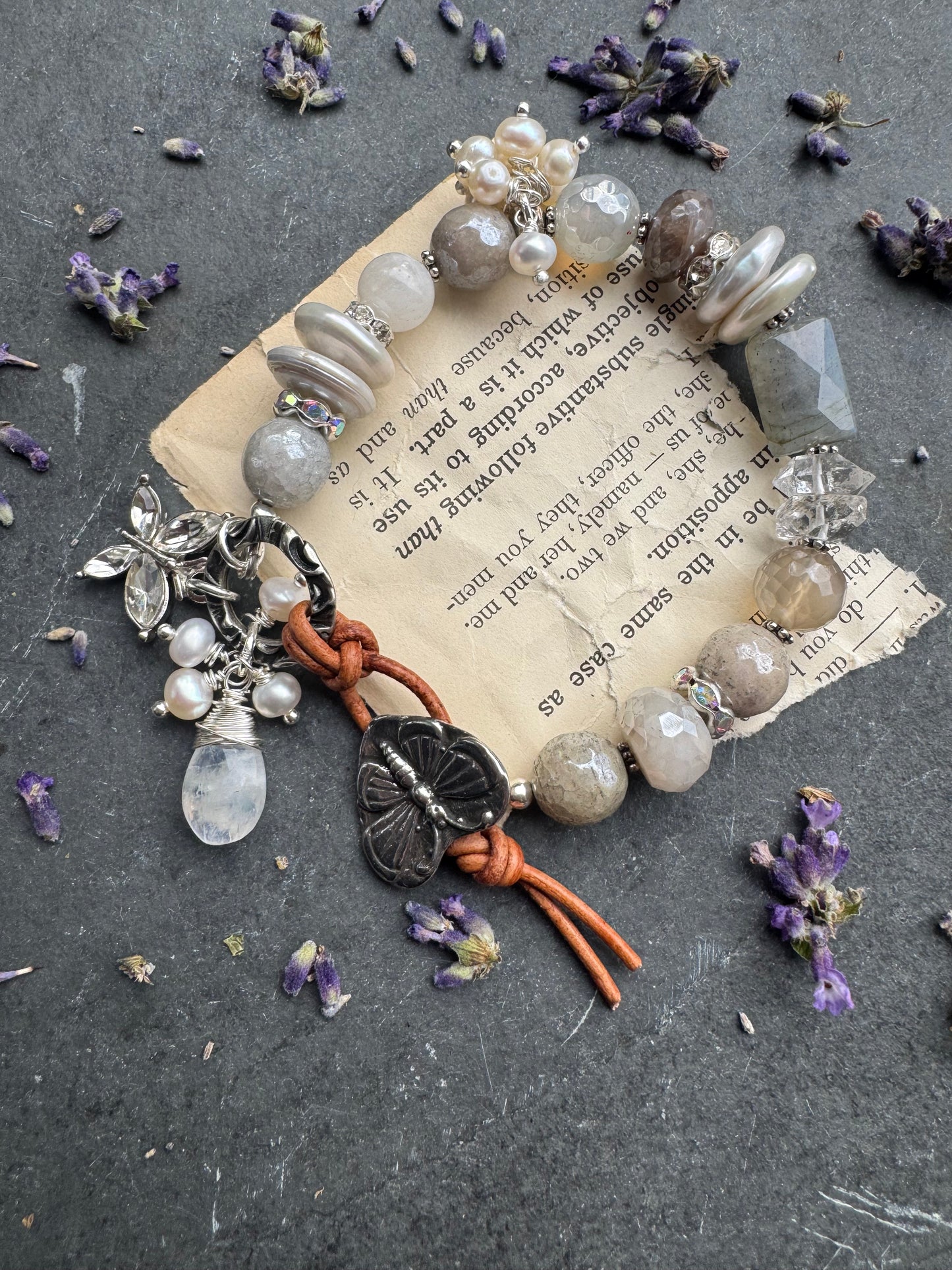 Labradorite, Herkimer diamonds, pearls, moonstone and button butterfly clasp.
