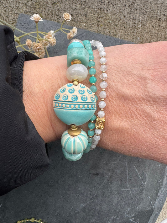 Amazonite, moonstone, ceramic beads, Czech glass, gold metal, bracelet