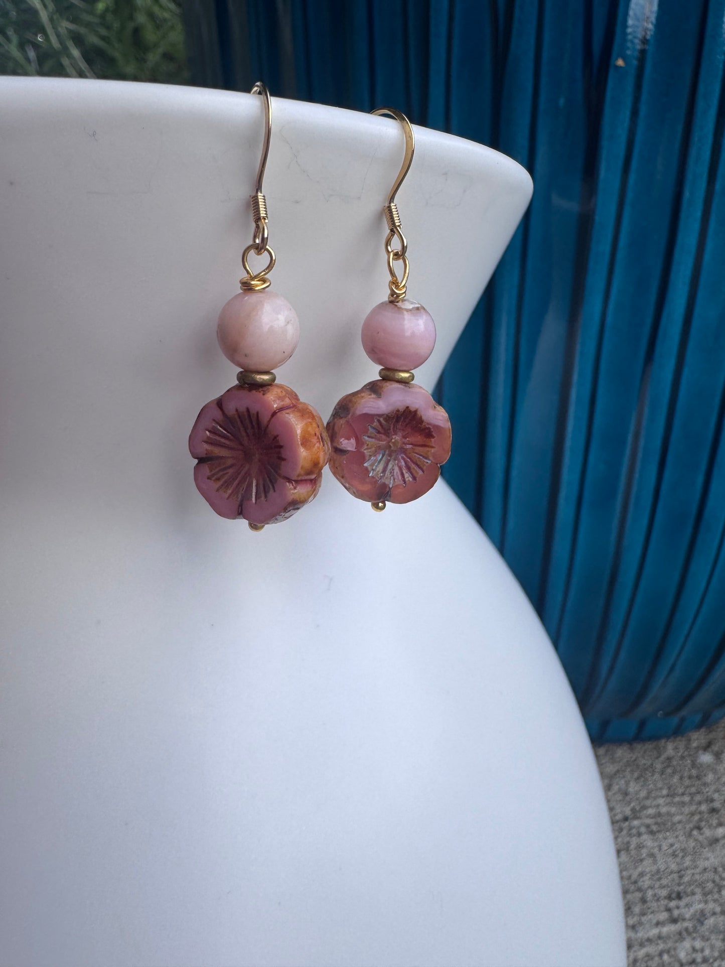 Pink opal, Czech glass, brass metal, earrings