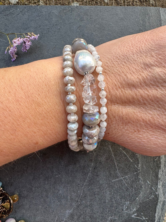 Moonstone, baroque pearl, Herkimer diamonds and rhinestone silver clasp, bracelet