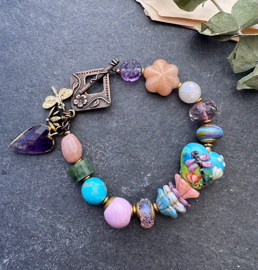 Turquoise, handmade lampwork glass, ceramic, fluorite, peach moonstone, Czech glass, bracelet