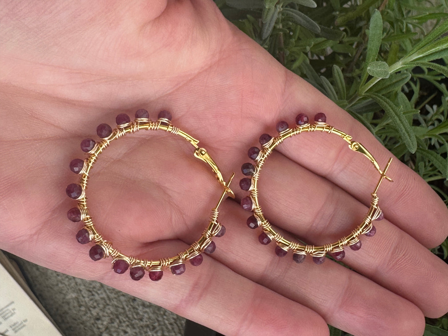 Ruby, wire wrapped gold hoop earrings, jewelry