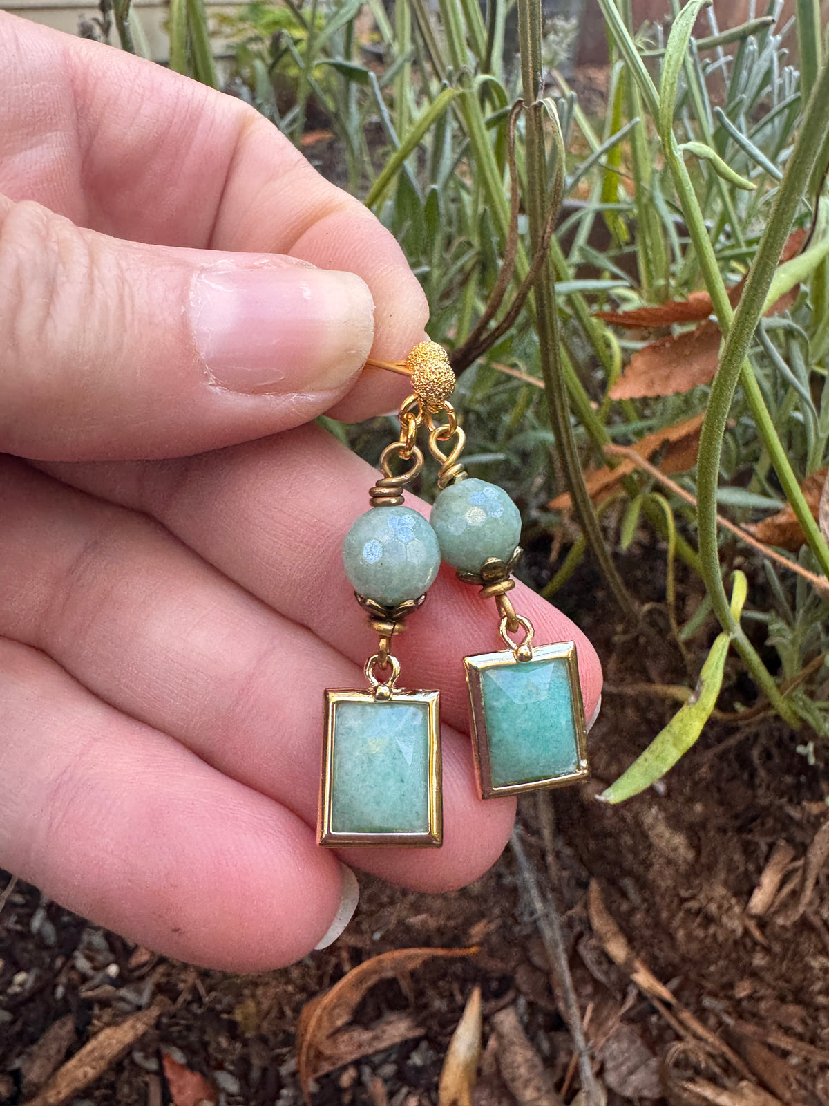 Amazonite stone, gold metal, rectangle drop, earrings