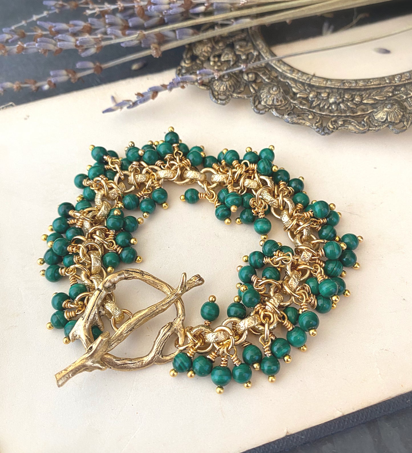 Genuine Green malachite gemstone and gold metal bracelet. - Andria Bieber Designs